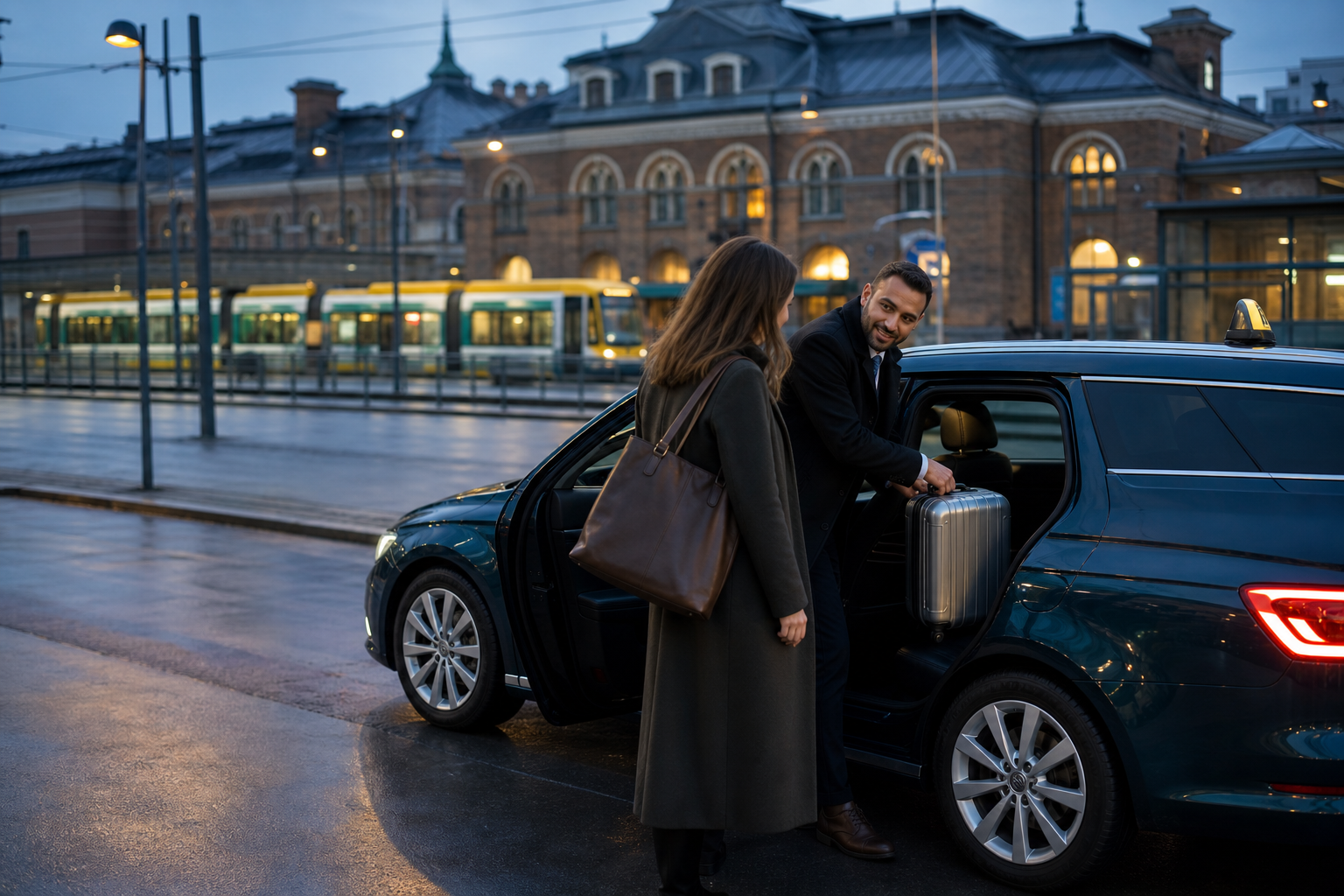 Taxiförare hjälper resenär vid Norrköping Resecentrum